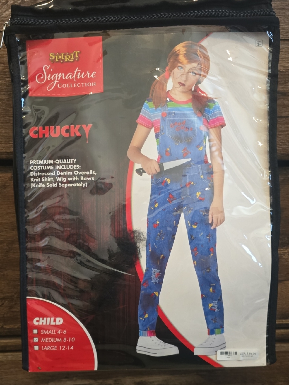Spirit Chucky Kids Costume - Blue Denim Overalls with Multi-Color Knit Shirt